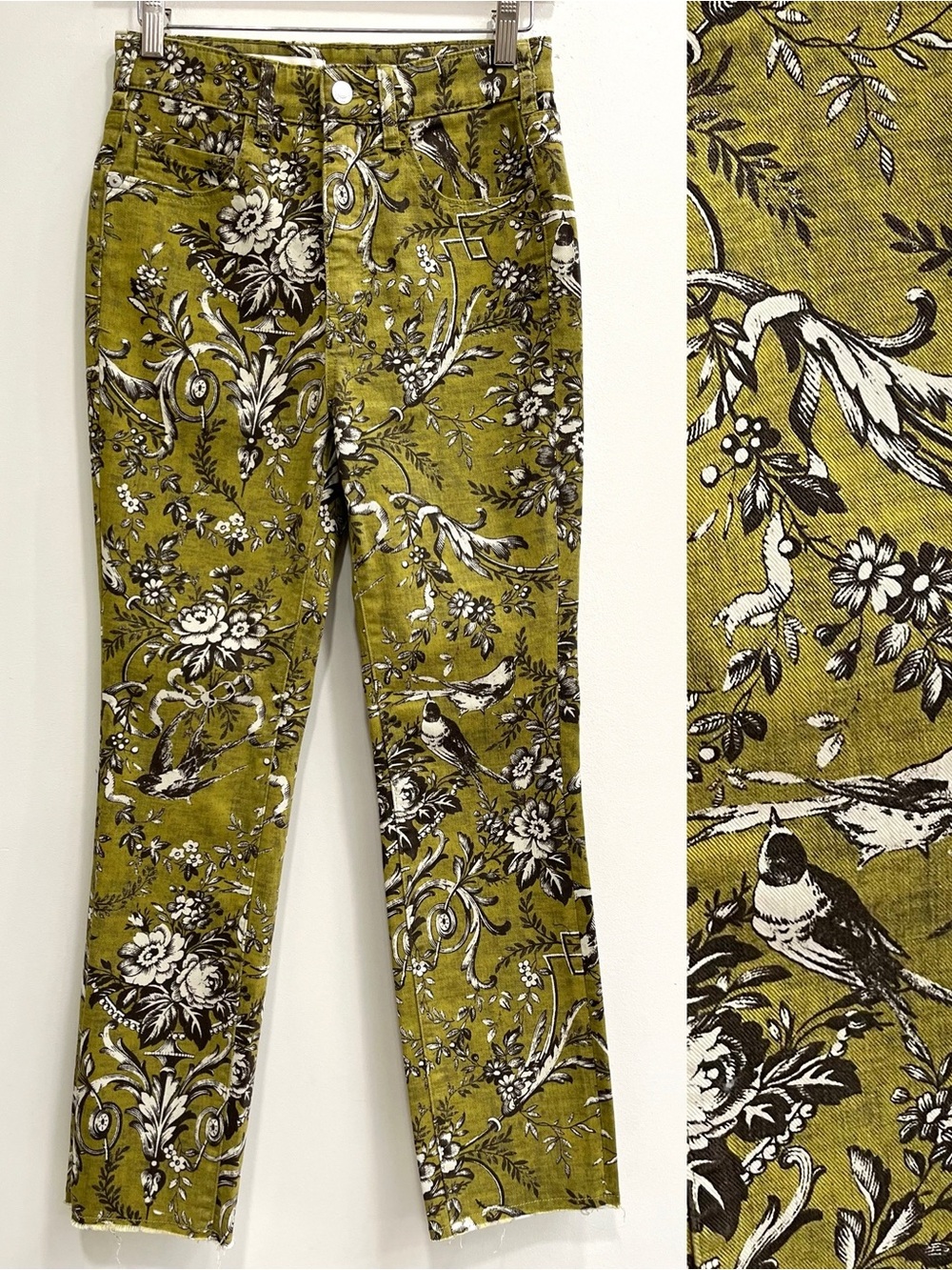 Pilcro Wanderer Pants 25 Green‎ Floral Bird Cropped Boho Chic Anthropologie